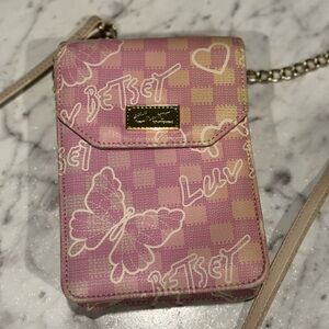 Betsey Johnson Pastel Check Butterfly Crossbody Cell Phone Holder Purse Bag